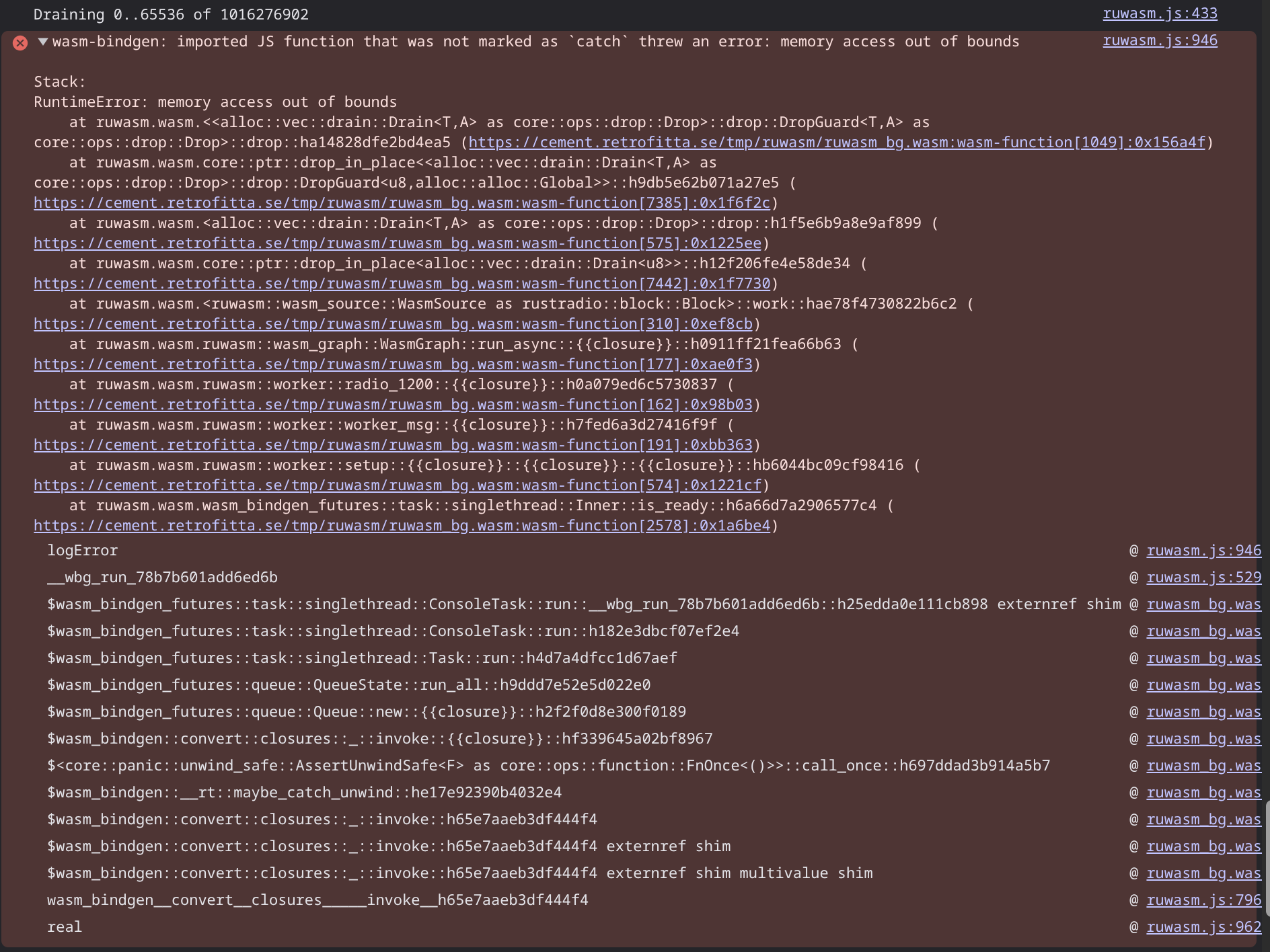 Vector size corruption and drain error